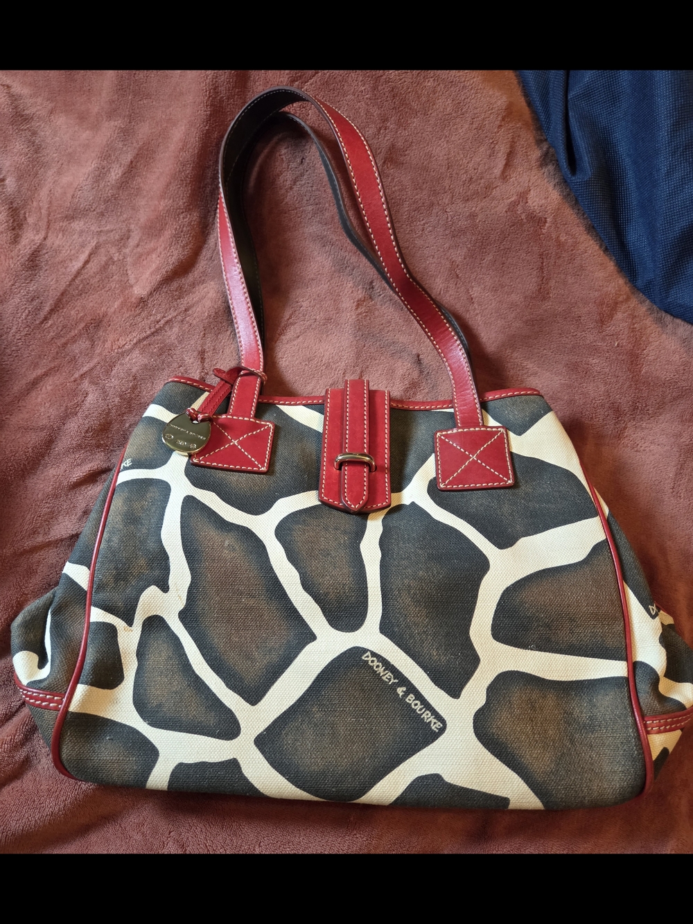 Dooney & Bourke Brown and Cream Giraffe Print Shoulder Bag with Red Trim